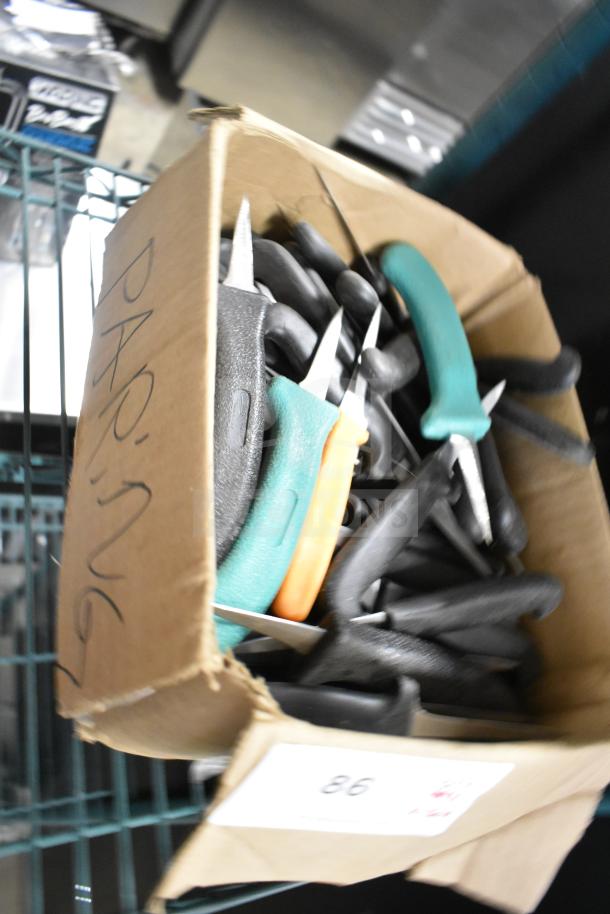 Box of 50 sharpened stainless steel poultry knives with mixed handle colors. Includes packaging marked "Poultry".