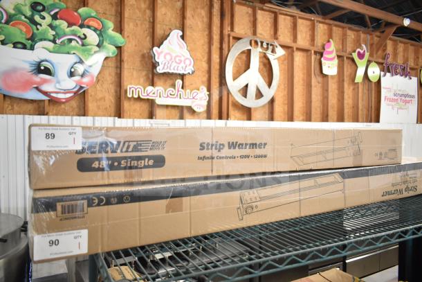 BRAND NEW ServIt 423SWI48CP 48" Strip Warmer, high wattage, infinite controls, 120V, boxed, visible labels indicating "48" Single."