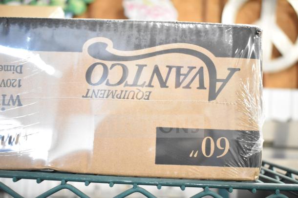 Box of a brand new Avantco 177SW60INCP 60" strip warmer, labeled with branding and 120V specification, wrapped in plastic.