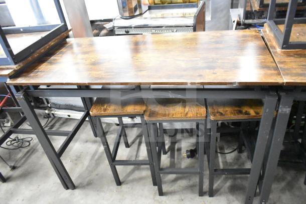 24 wood-patterned tables with black metal frames and bar-height stools. Rustic design, ideal for restaurants or bars.