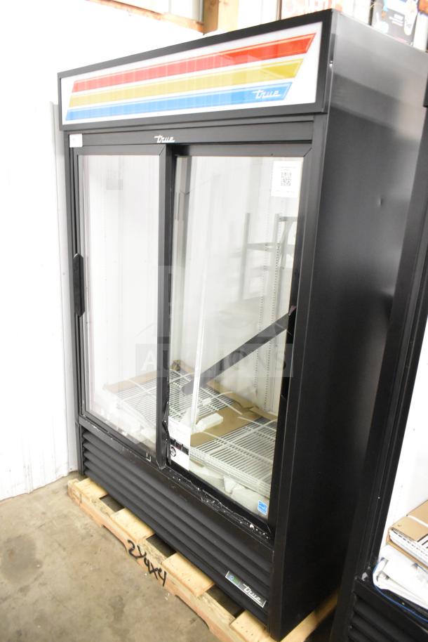 Brand new True GDM-47-HC-LD commercial cooler with minor scratches. 2 glass doors, 115 volts, energy-efficient, black frame.