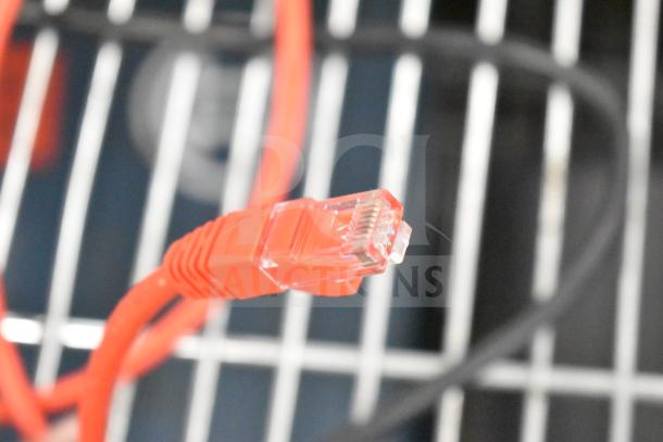 Close-up of a red Ethernet cable against a blurred background. Part of an auction lot with a Kitchen Armor Monitor and Thin Client Mini PC.
