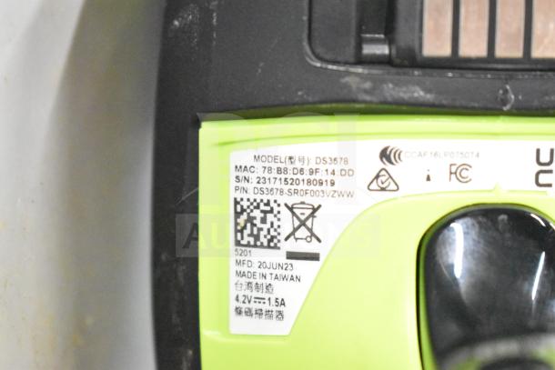 Zebra DS3578 barcode scanner label showing model, MAC, serial number, and manufacturing date of 20JUN23. Made in Taiwan.