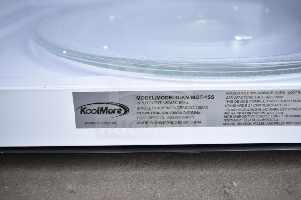 BRAND NEW KoolMore KM-MOT-1SS Microwave, 1.6 Cu Ft, stainless steel, 10 power levels, 120V. Model label visible.