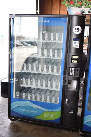 Crane 5800-4 vending machine, accepts 25¢, bill acceptor, 115V, 1-phase, empty display, commercial use.