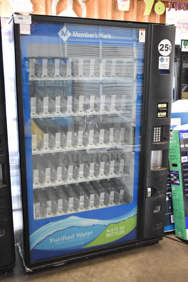 Crane 5800-4 commercial vending machine, 115V, 1 phase, with bill acceptor, Member's Mark logo, holds bottled drinks.