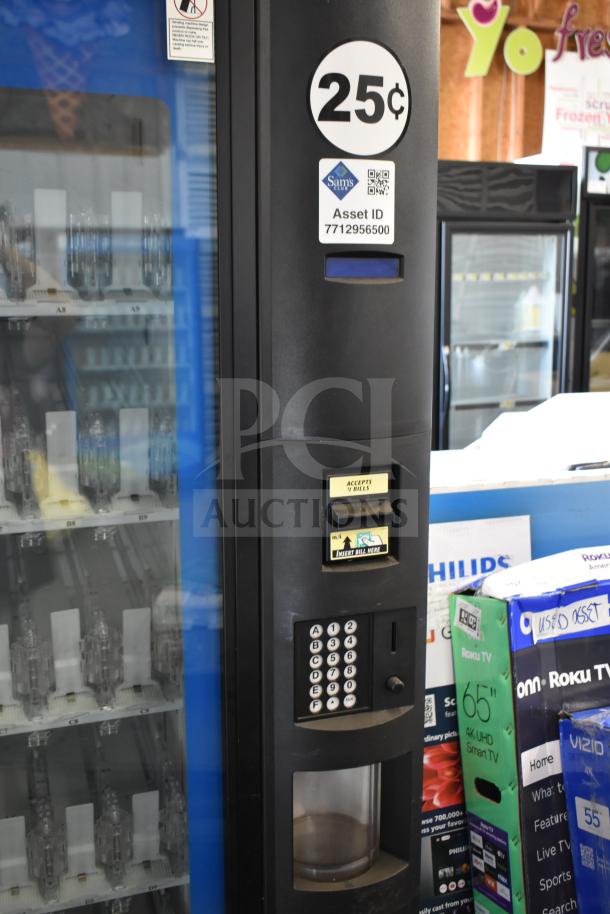 Crane 5800-4 commercial drink vending machine with bill acceptor, 25¢ price, 115 volts, 1 phase, asset ID visible.
