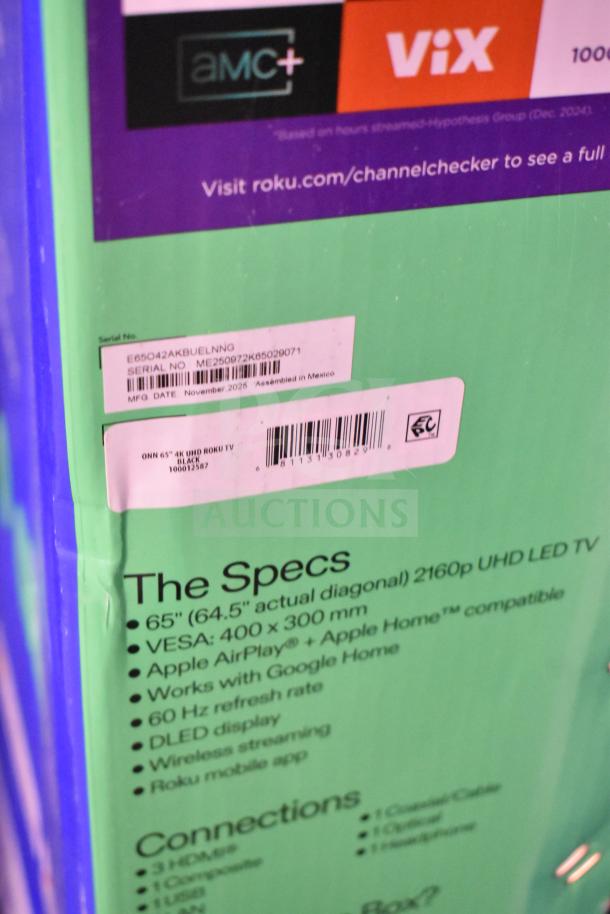 Original boxes for Vizio 55" and Roku 65" TVs. Specs show 65" UHD display with AirPlay, Google Home, and 60Hz refresh. Unverified condition.