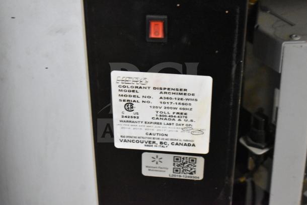 Hero ARCHIMEDE A360 paint dispenser, 120V, 1 Phase. Model A360-12E-WMS, serial 1017-15605. Label shows specs and warranty.