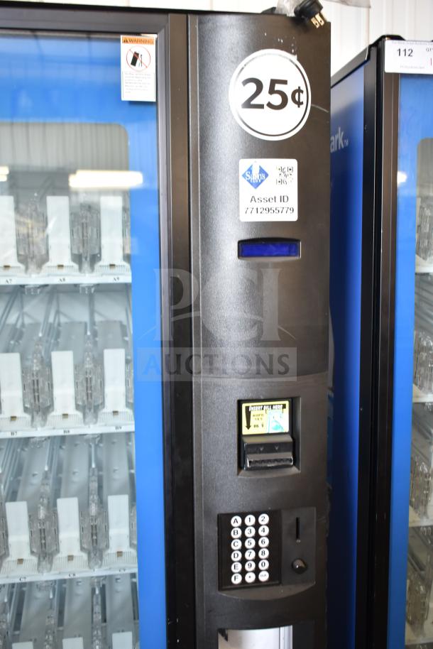 Crane 5800-4 vending machine, black, with bill acceptor, keypad, 25¢ label, asset ID tag. 115V, 1 Phase.