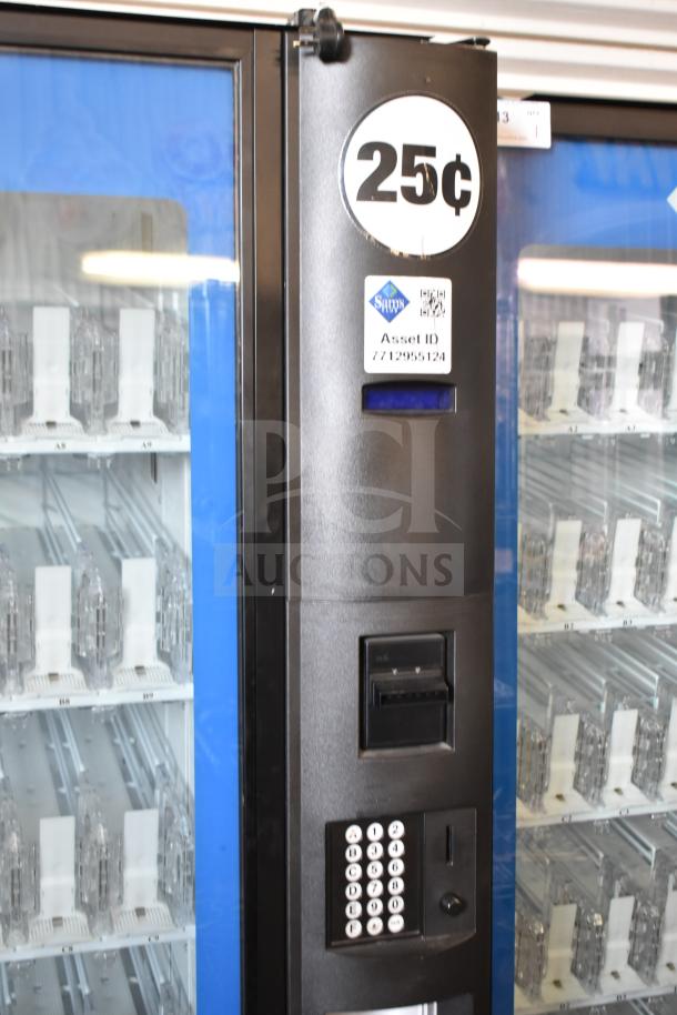 Crane 5800-4 commercial vending machine with bill acceptor, 25-cent sticker, asset ID tag; 115 volts, 1 phase.