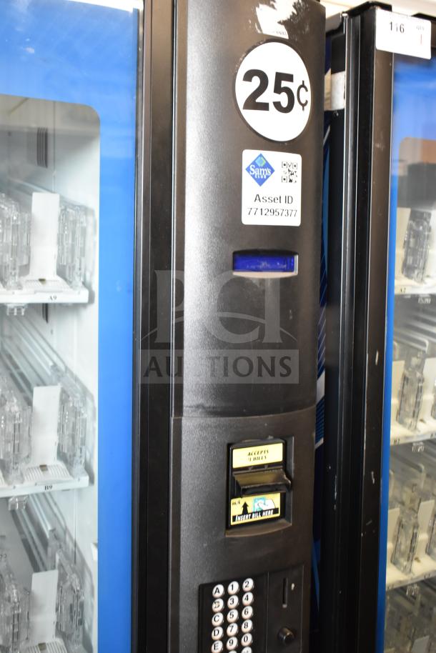 Crane 5800-4 commercial drink vending machine with bill acceptor, asset ID visible, 25¢ label, 115 volts, 1 phase.