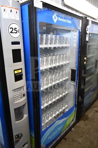 Crane 5800-4 commercial drink vending machine with bill acceptor. Shows glass damage. 115 volts, 1 phase.
