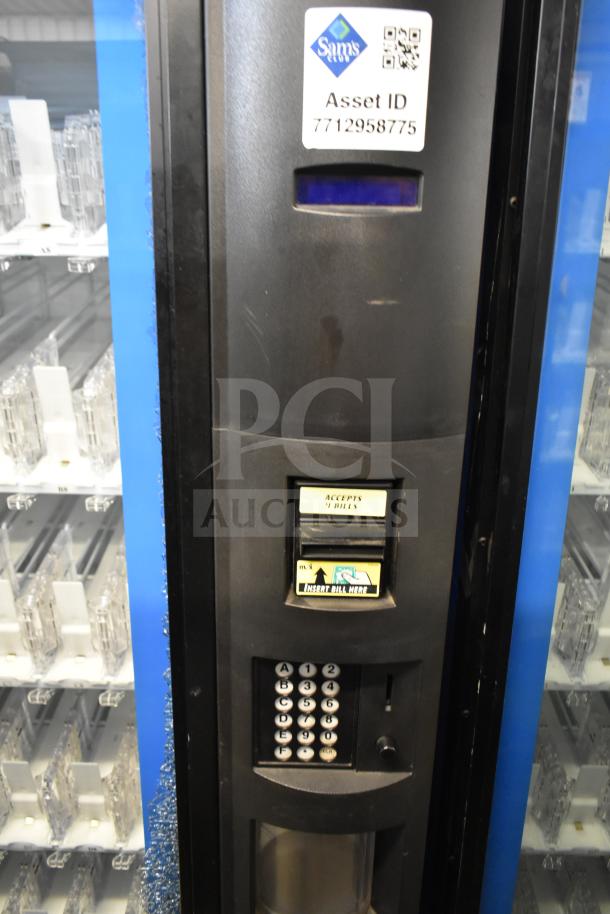 Crane 5800-4 drink vending machine with bill acceptor, glass damage visible, 115 volts, 1 phase, asset ID label shown.