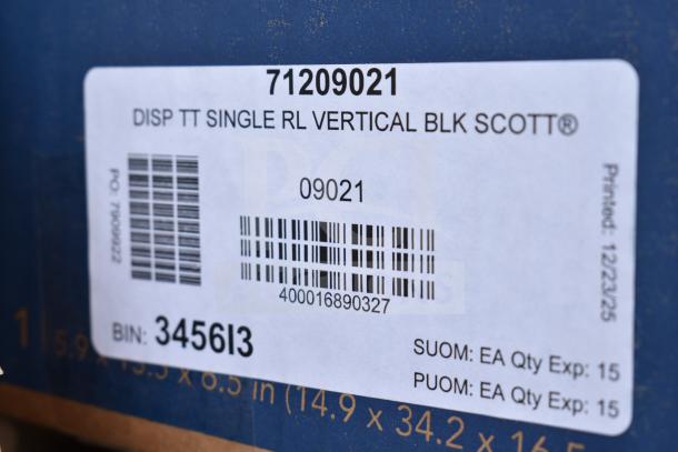 Label on box for Scott dispensers, model 71209021, single roll vertical black. Barcodes and storage bin info visible.