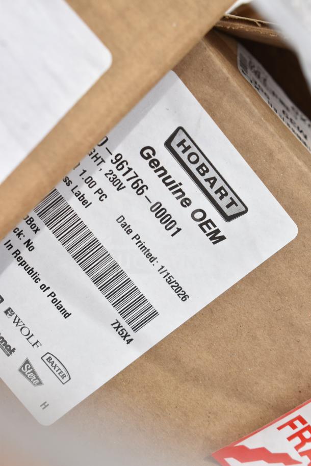 Hobart Genuine OEM label on box, featuring barcode and printed date. Item includes brand new scratch and dent products.