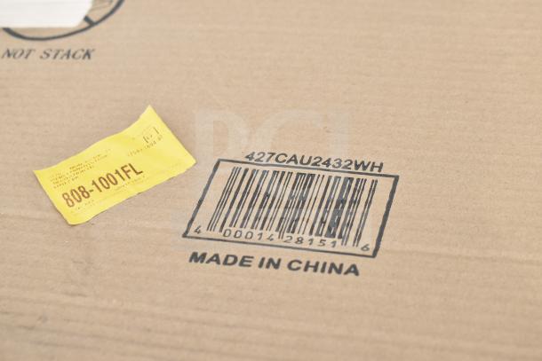 Cardboard box label with "808-1001FL," barcode "427CAU2432WH," and "Made in China" text.