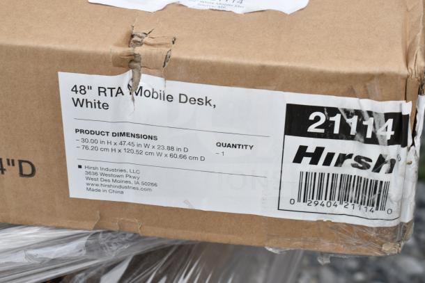 Box with label for 48" RTA Mobile Desk, white. Product dimensions: 30" H x 47.45" W x 23.88" D. Hirsh Industries.
