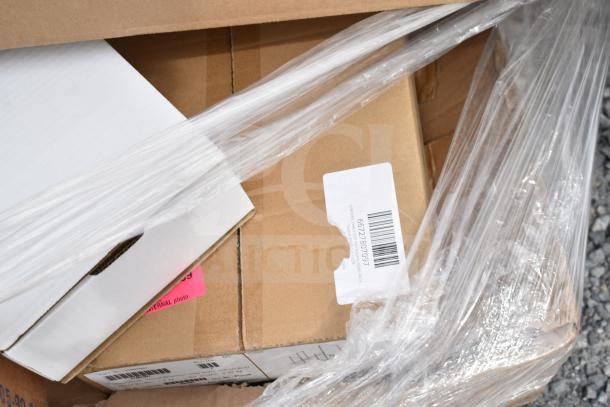 Cardboard boxes wrapped in plastic wrap, labeled with barcodes. Contains 13 brand new scratch and dent items.