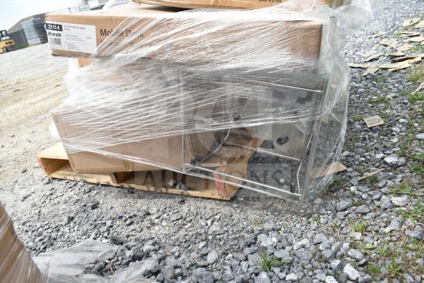 Bundle of 13 brand new, scratch and dent items including Hirsh mobile desk and shelving unit, wrapped on a pallet.