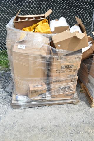Pallet with 17 scratch and dent items including Boraxo powdered hand soap, tape, in original boxes. Plastic-wrapped, various conditions.
