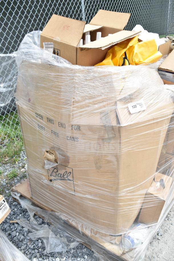 Sealed pallet with 17 brand new scratch and dent items, including powdered hand soap and tape. Box marked "Ball."