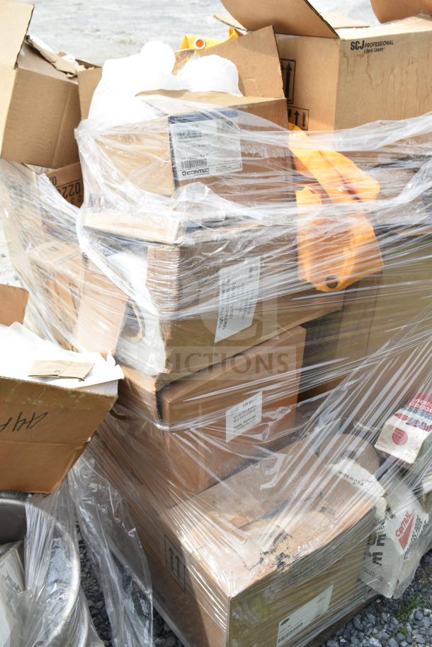 Sealed pallet of 17 brand new scratch and dent items, including powdered hand soap and tape, various brands, visible labels.