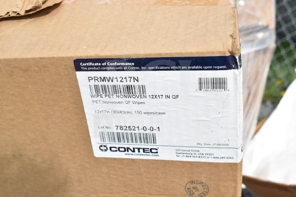 Cardboard box labeled "Contec Wipe Pet Nonwoven 12x17 in QF," 150 wipes per case, slightly worn edges.