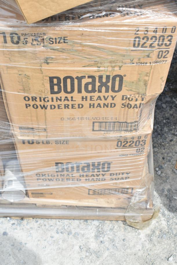 Sealed boxes of Boraxo Original Heavy Duty Powdered Hand Soap, 5 lb size, scratch and dent condition.