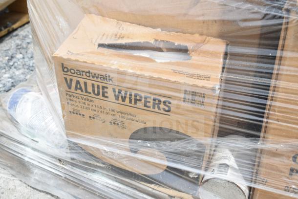 Cardboard box labeled "Boardwalk Value Wipers," 100 wipers/box, in shrink wrap with other packaged items.
