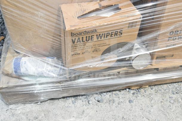 Pallet of 17 new scratch and dent items, includes Boardwalk Value Wipers, powdered hand soap. Wrapped with plastic.