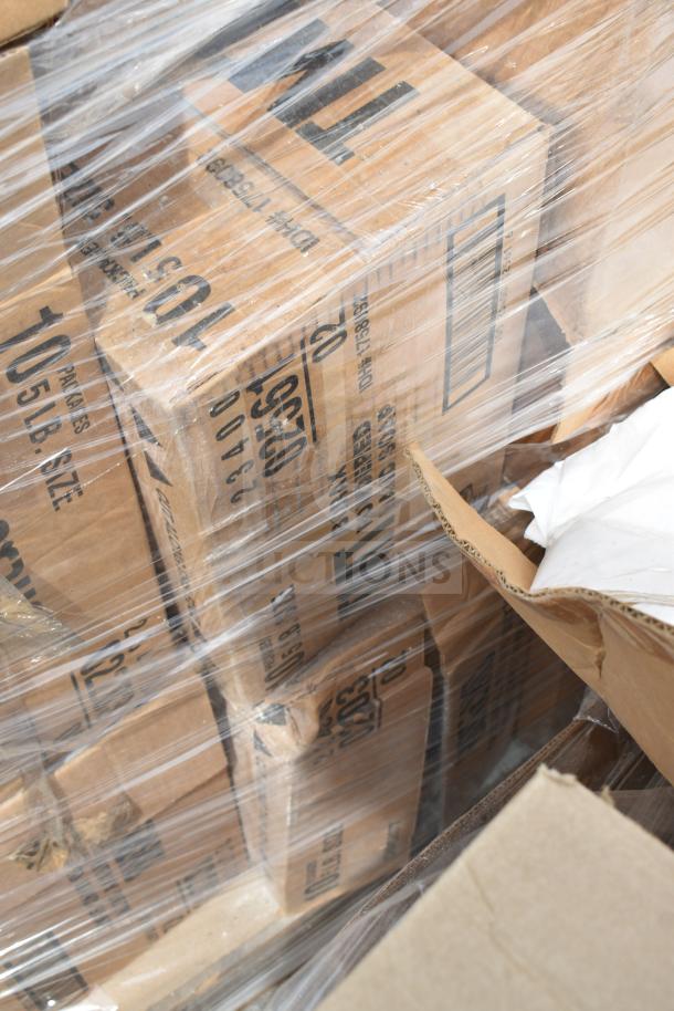 Pallet of 17 boxed scratch and dent items, incl. powdered hand soap, wrapped in plastic. Boxes show "105 lb size" label.