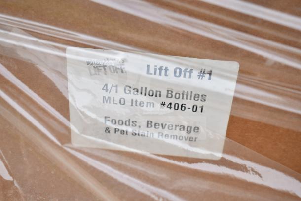 Box with label showing "Lift Off #1, 4/1 Gallon Bottles, MLO Item #406-01, Foods, Beverage & Pet Stain Remover," wrapped in plastic.
