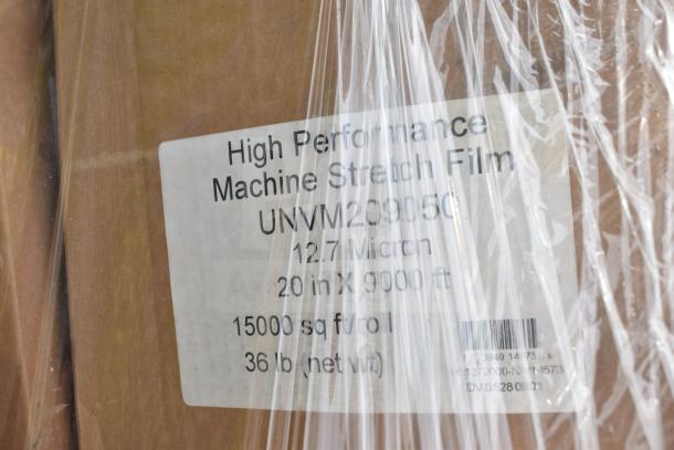 High Performance Machine Stretch Film, UNVM209050, 12.7 Micron, 20 in x 9000 ft, 15000 sq ft/roll, 36 lb net weight.