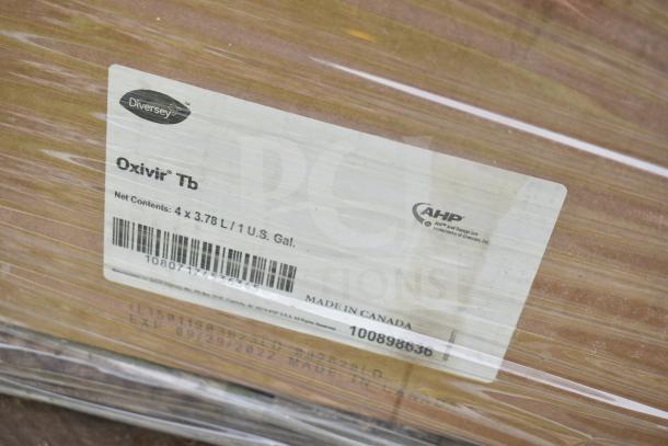 Label on Diversey Oxivir Tb disinfectant, 4x3.78 L per case, made in Canada. Part of scratch and dent auction lot.
