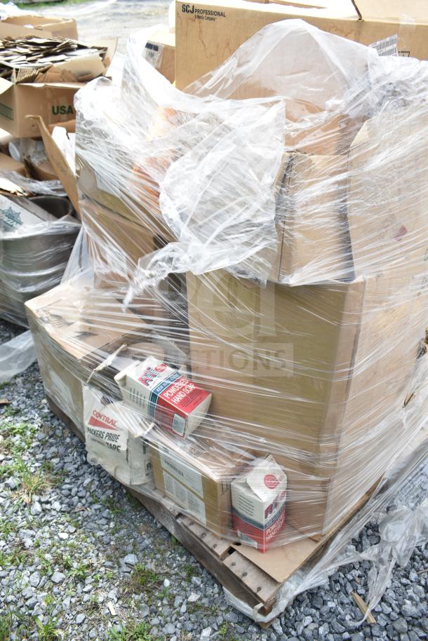 Sealed pallet with 17 scratch and dent items, including powdered hand soap and tape, visible. SCJ Professional brand.