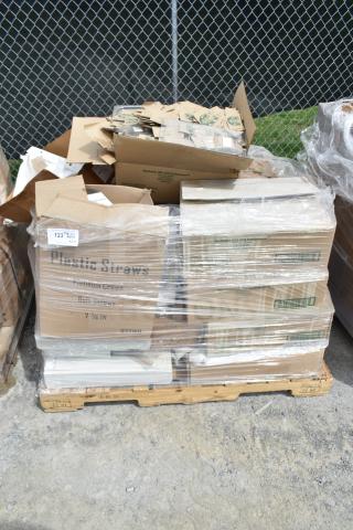 Pallet of 20 new scratch and dent items, including hot cup sleeves and plastic straws, in assorted boxes.