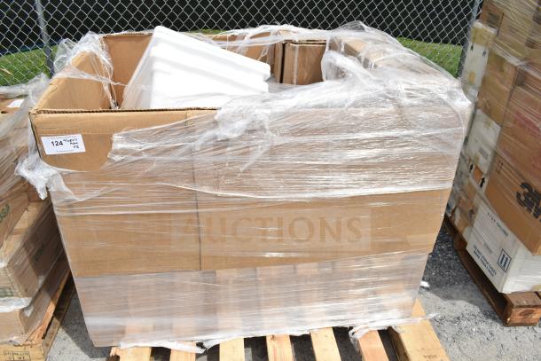 Cardboard box of 18 scratch and dent items, wrapped in plastic, including a work table and speed rail; auction lot 124.