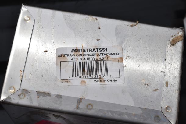 Stainless steel straw organizer attachment with label indicating model #651STRATSS1, dimensions 4.9"x3.15"x4.3". Made in China.