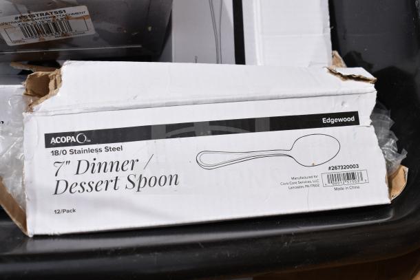 Box of Acopa stainless steel 7" dinner/dessert spoons, 12-pack, model #267320003, minor box damage, new condition.