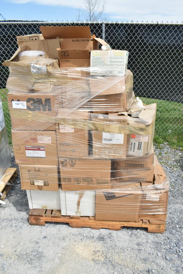 Pallet of 50 assorted cleaners, new scratch and dent condition, wrapped in plastic. Brands include 3M and Taski Radical.