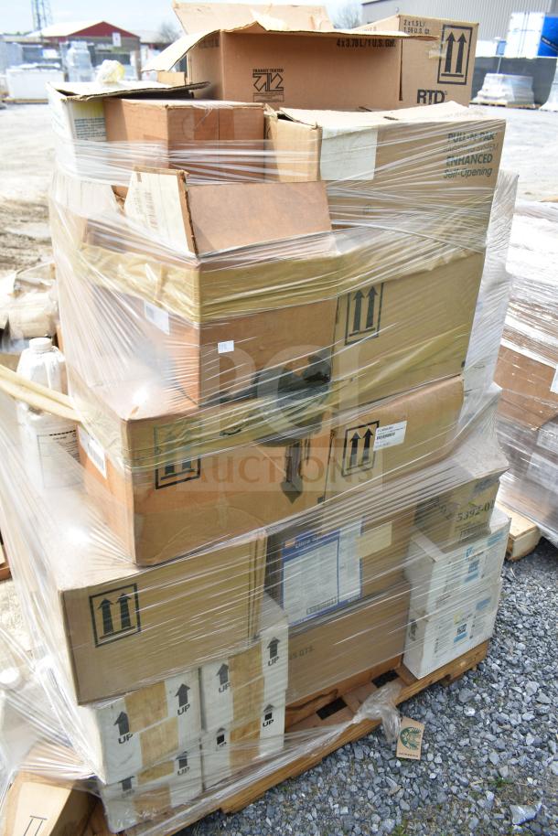 Pallet of 50 brand new scratch and dent items, including various cleaners, wrapped in plastic. Boxes show handling markings.