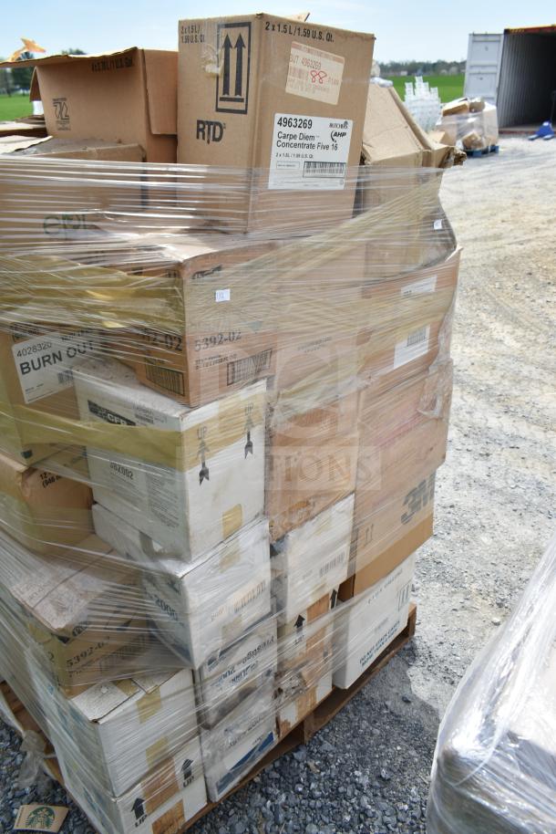 Pallet with 50 boxes of brand new scratch and dent cleaners, visibly labeled as "Carpe Diem Concentrate Five 16."