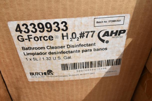 Cardboard box labeled "G-Force H₂O₂ #77 Bathroom Cleaner Disinfectant" by Butchers, 1x5L, Batch No. 07288VX01.
