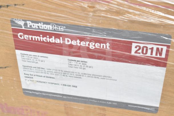 Box labeled "PortionPac Germicidal Detergent 201N," detailing 528 one-ounce pacs per case. Includes ingredients and safety info.