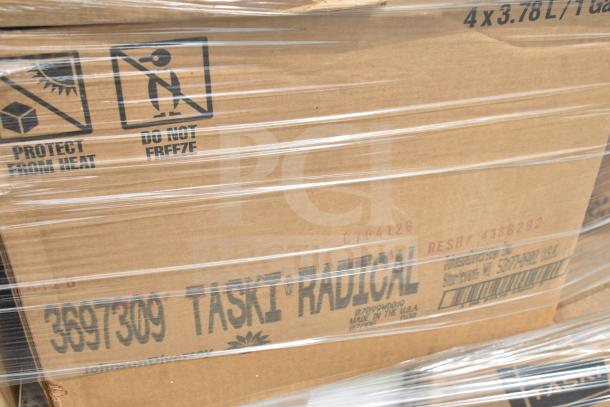 Cardboard box labeled "Taski Radical" containing 50 new scratch and dent items, wrapped in plastic, marked "Protect from Heat, Do Not Freeze."