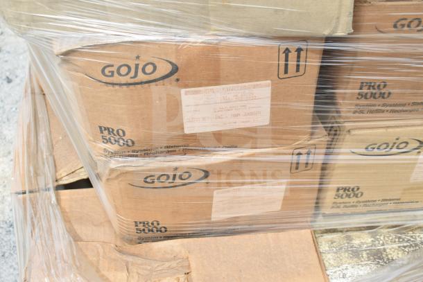 Pallet of GOJO PRO 5000 boxes, brand new, with visible labels. Contains various cleaners.