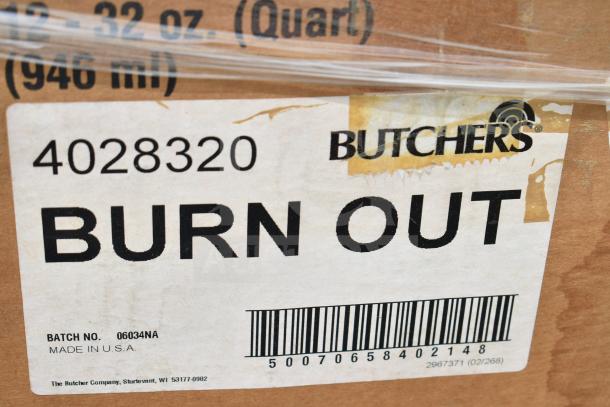 Box containing Butchers Burn Out cleaner, batch 06034NA, label showing barcode 50070658402148, made in USA.