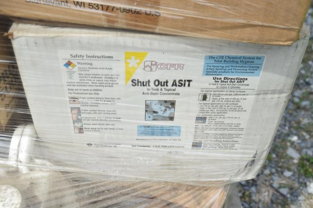 Pallet of CFR Shut Out ASIT cleaner, wrapped in plastic. Label details safety, usage instructions. New condition.