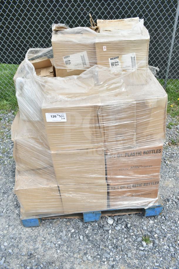 Wrapped pallet of new scratch and dent items, including various cleaners and bottles in labeled boxes. 38 units total.